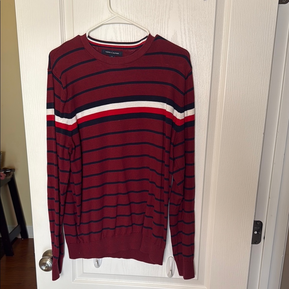 Men’s Tommy Hilfiger Red and Blue Crewneck Sweater with Stripes